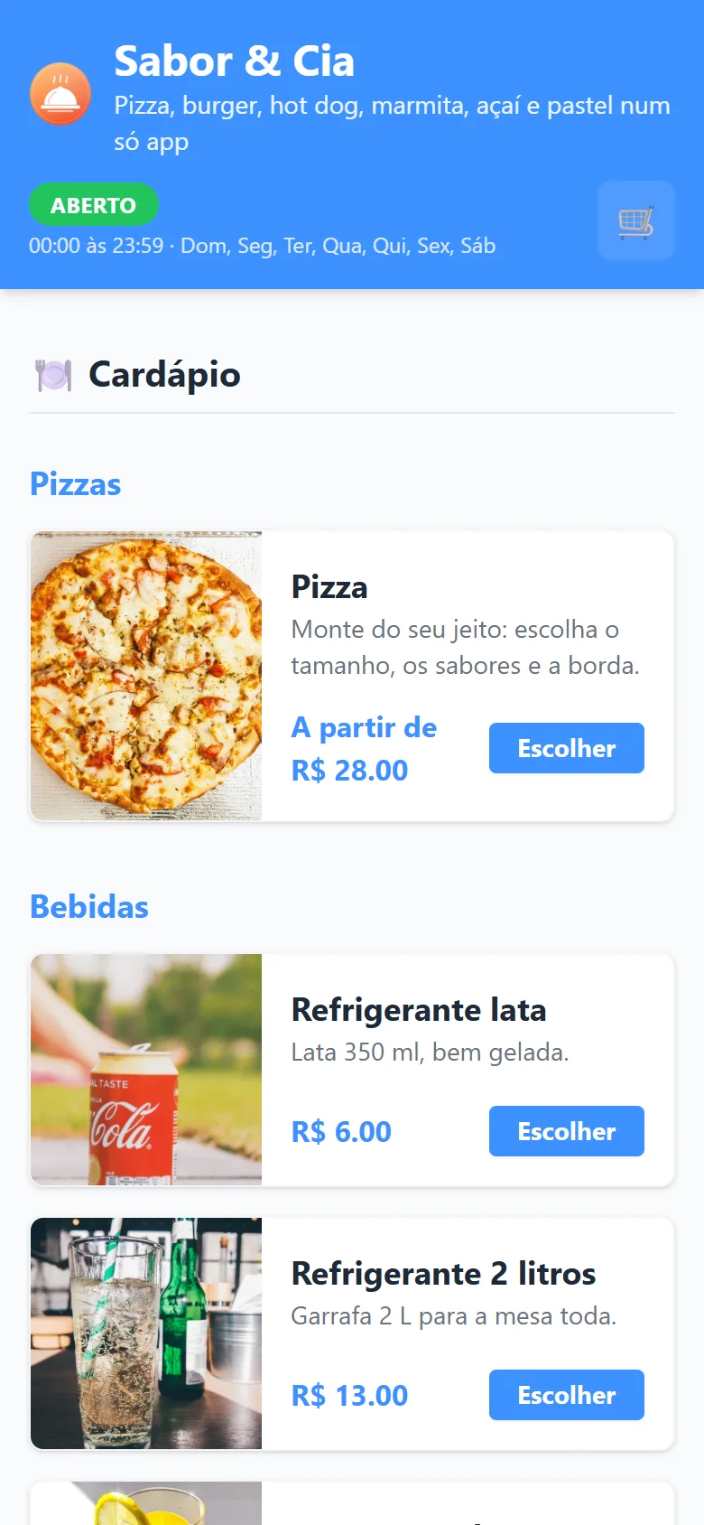Cardápio digital no celular, com fotos dos produtos