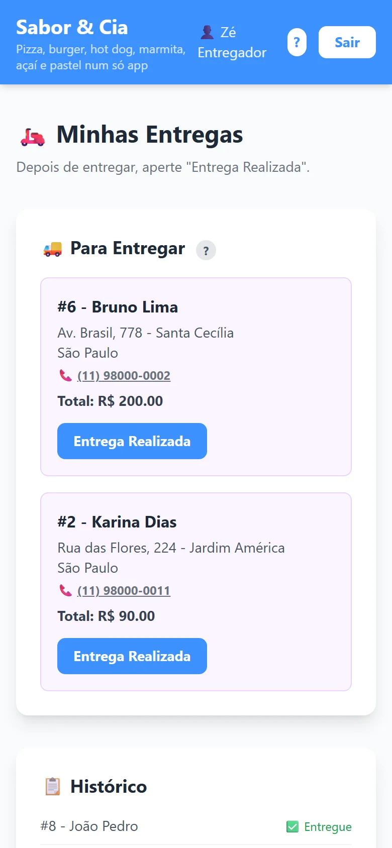 App do entregador com as entregas do dia