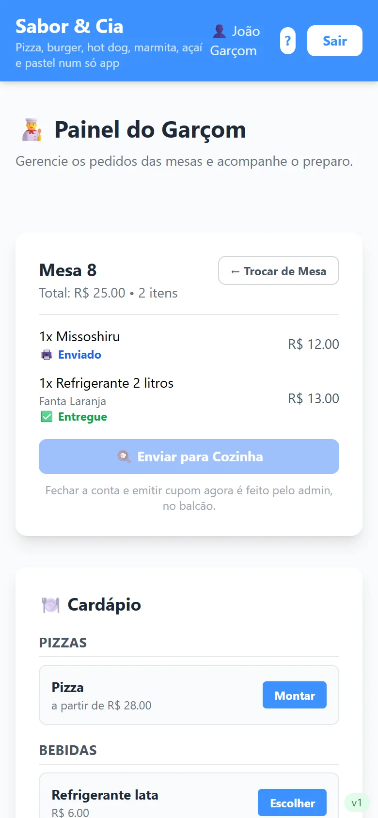 App do garçom com a mesa aberta e os itens enviados à cozinha