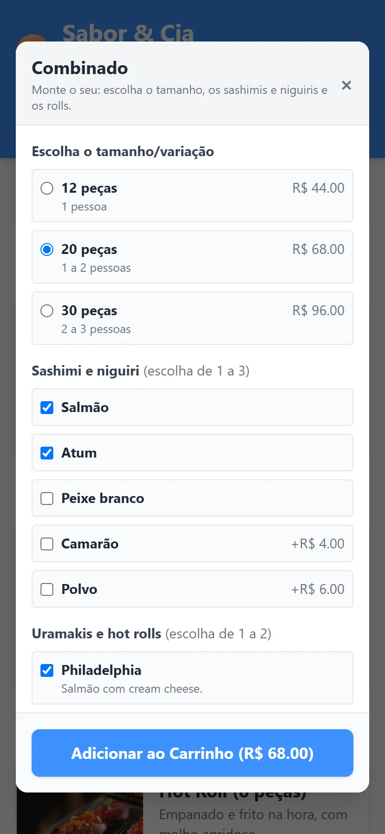 Tela de montagem do combinado de sushi no celular